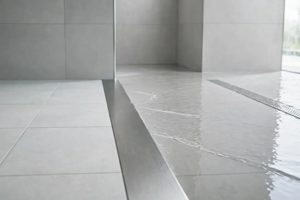 Curbless shower with light gray tiles, water flowing to a stainless steel linear drain
