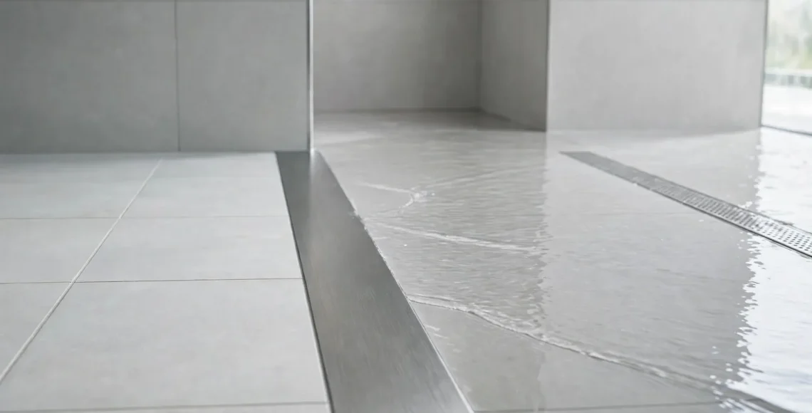 Curbless shower with light gray tiles, water flowing to a stainless steel linear drain
